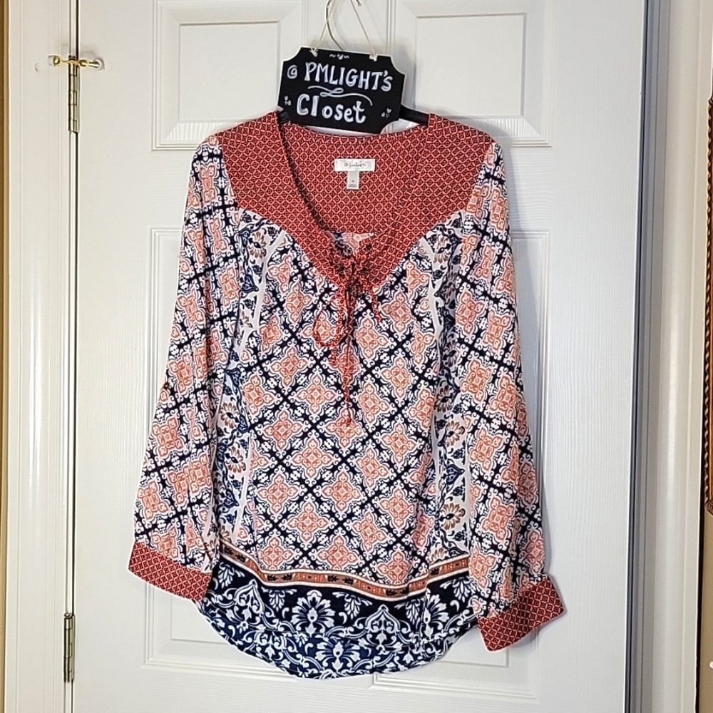 Dress Barn Medium Blouse Navy Orange Ivory Damask Floral Pattern
